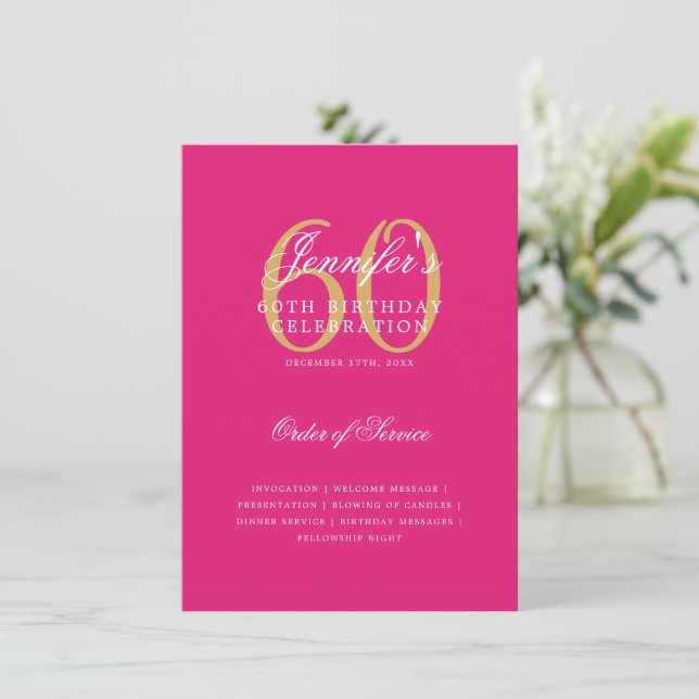 Convite Menu Rosa Quente Dourado do Programa de Aniversári (Em pé/Frente)