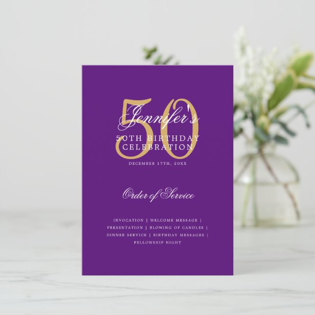 Convite Menu Roxo Dourado do Programa de Aniversário do El (Em pé/Frente)