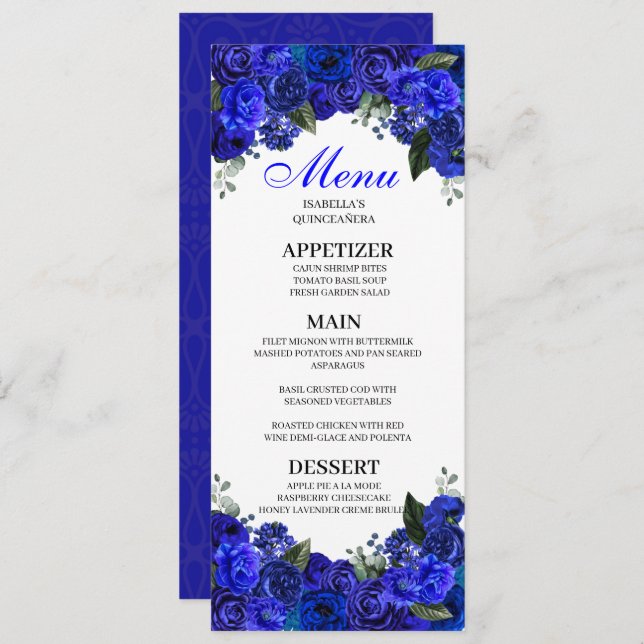 Convite Menu Royal Blue Floral Quinceanera (Frente/Verso)