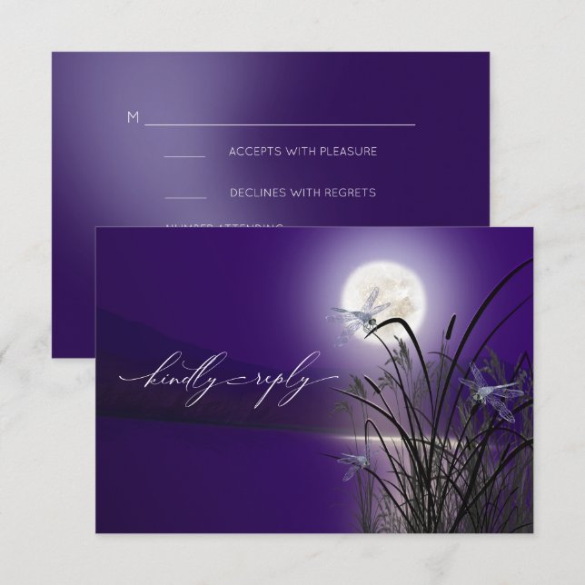 Convite Menu RSVP Ameyst Full Moon Dragonfly Pond (Frente/Verso)