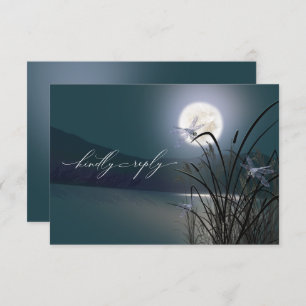 Convite Menu RSVP Dusty Teal Full Moon Dragonfly Pond
