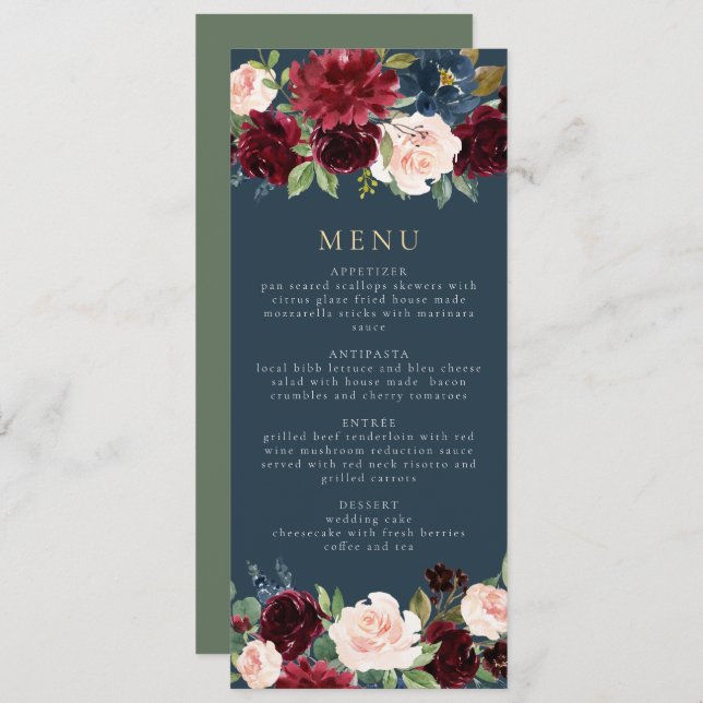 Convite Menu Rustic Burgundy e Marinho Floral Janta (Frente/Verso)
