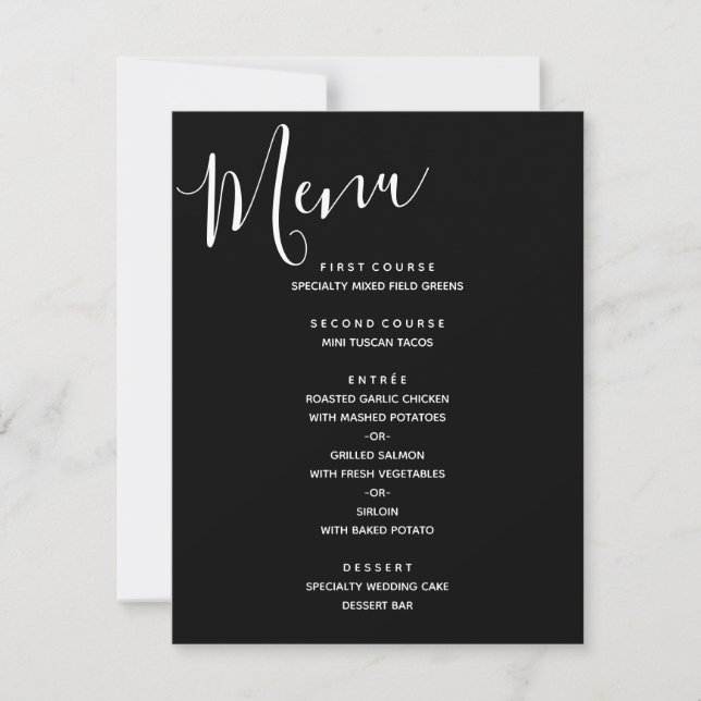 Convite Menu Simples de Casamento Moderno Preto e Branco (Frente)