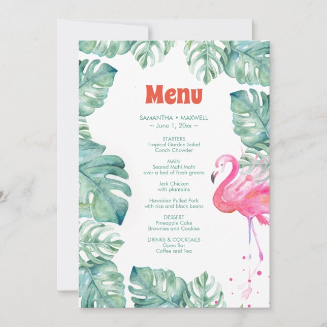Convite Menu tropical do flamingo da aguarela (Frente)