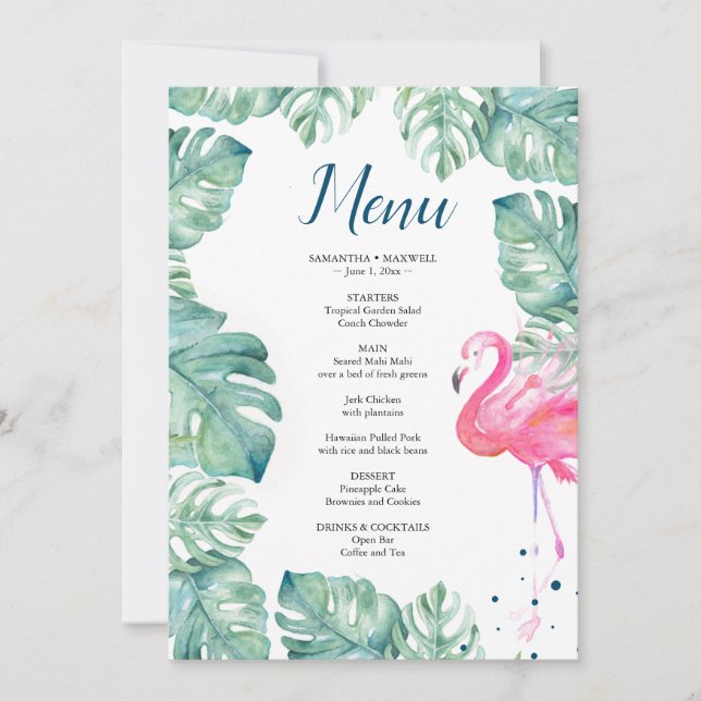 Convite Menu tropical do flamingo da aguarela (Frente)