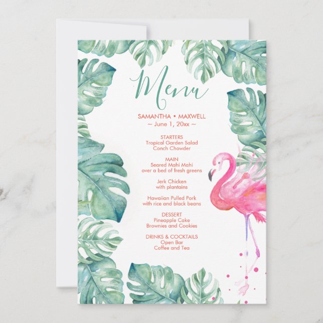 Convite Menu Tropical Watercolor Flamingo (Frente)
