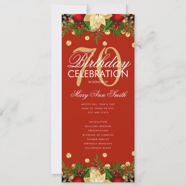 Convite Menu Vermelho Dourado do Programa de Festa de aniv (Frente)