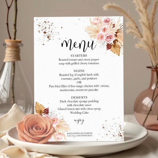 Convite Menus de Casamento de Aquarela | Boho Floral Glitt (Criador carregado)