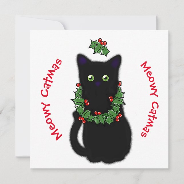 Convite Meowy Catmas desenhando Holly berry Natal (Frente)