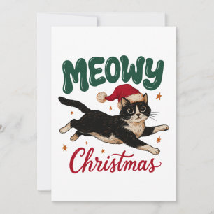 Convite Meowy Natal Gato Tuxedo Saltando Usando Chapéu