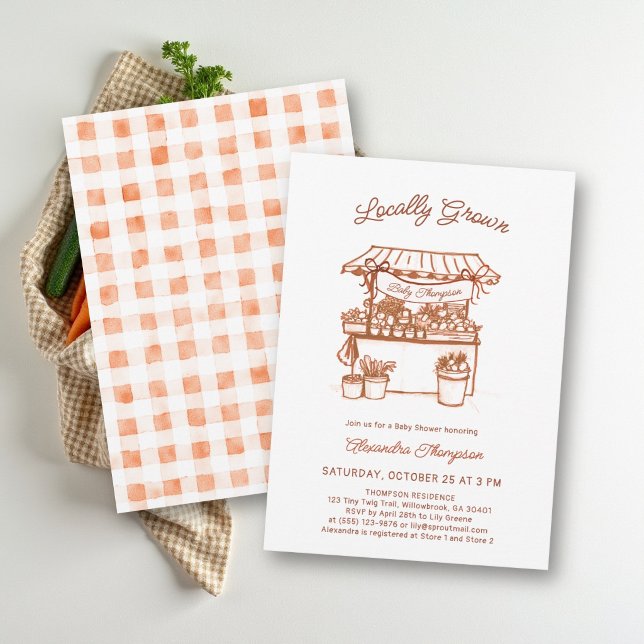 Convite Mercado de Produtos Locais de Outono, Conjunto Com (locally grown fall baby shower invitation earthy tan green brown terracotta hand drawn gingham stand)