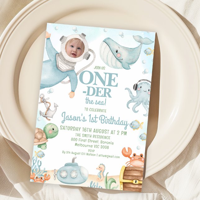 Convite Mergulhador Azul no primeiro aniversario do Mar (Oneder the Sea 1st Birthday Invitation Scuba Diver Photo, Under the Sea First Birthday Party Invite)