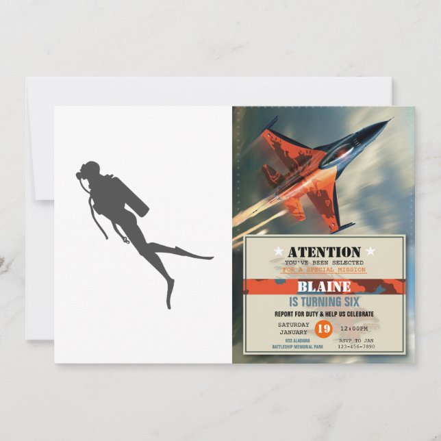 Convite Mergulhadores de silhueta pretos (Frente)