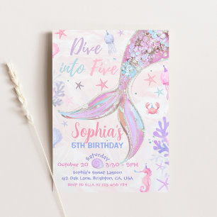 Convite Mergulhe em Cinco Aniversariante Sereia Rosa Paste