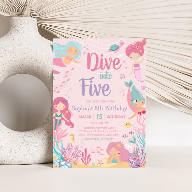 Convite Mergulhe em cinco Festas de aniversário (Dive into Five Mermaid Birthday Party Invitation)