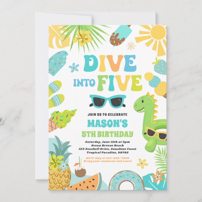 Convite Mergulhe Em Cinco Festas de aniversário Tropicais  (Frente)