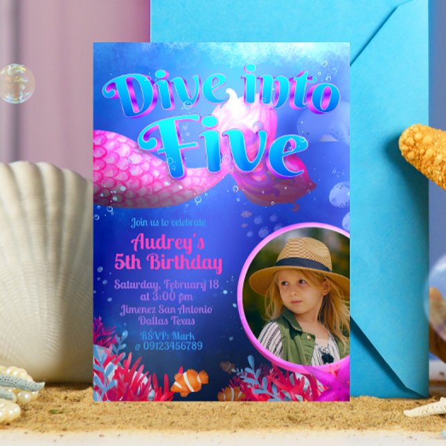 Convite Mergulhe em Cinco - Sereia com Foto (Dive into Five - Girl Mermaid 5th Birthday Invitation with Picture)