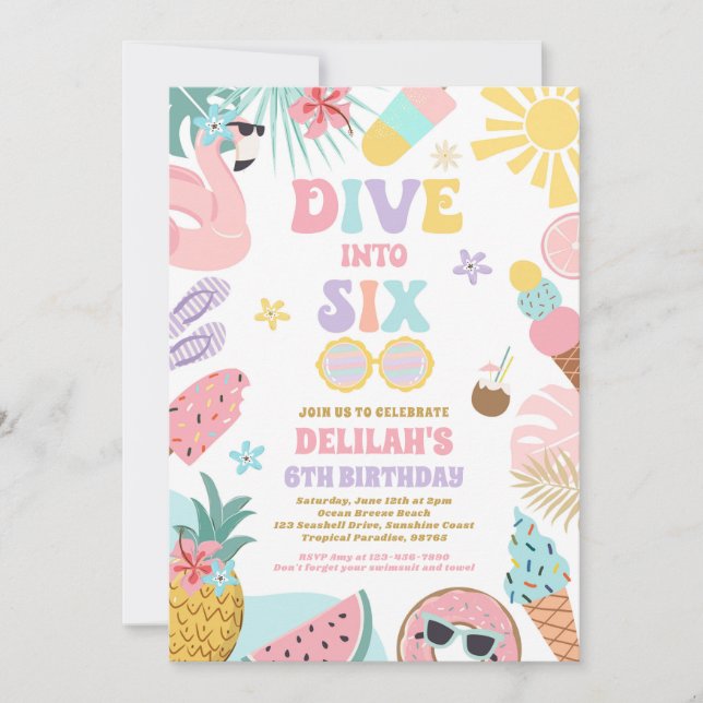 Convite Mergulhe Em Seis Festas de aniversário Tropicais D (Frente)