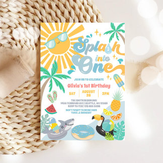 Convite Mergulhe em uma Festa de Verão de 1º Aniversário