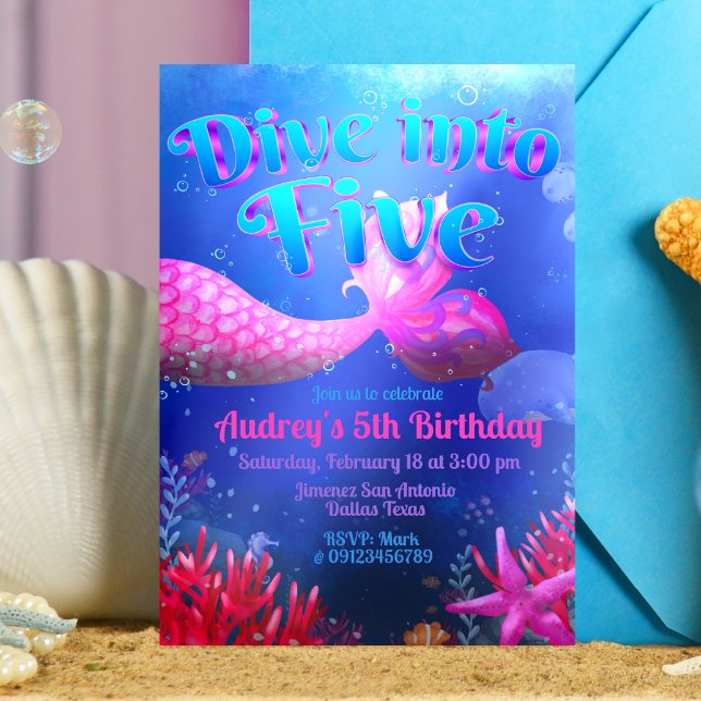 Convite Mergulhe no Cinco - Sereia (Dive into Five - Girl Mermaid 5th Birthday Invitation)