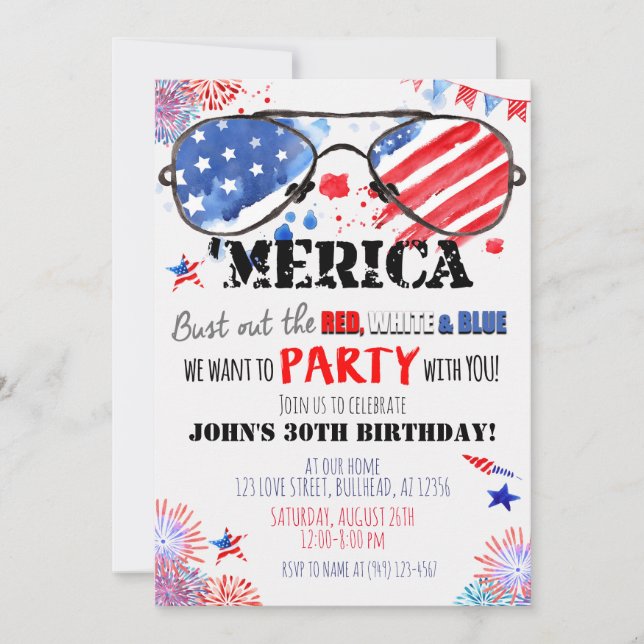 Convite "Merica Patriotic Red White e Blue Birday (Frente)