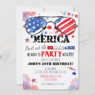 Convite "Merica Patriotic Red White e Blue Birday