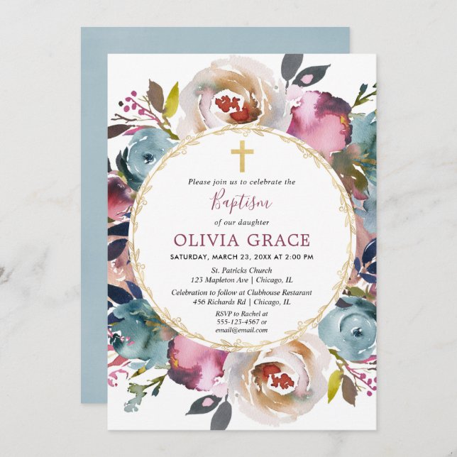 Convite Merlot Baptism floral azul-marinho (Frente/Verso)