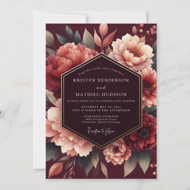 Convite Merlot Poetic Bloom Wedding (Frente)