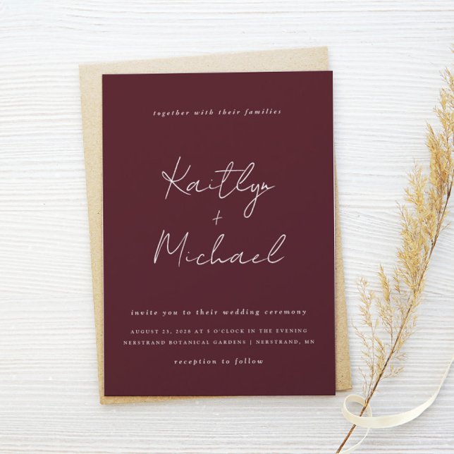 Convite Merlot Wedding Burgundy Modern Manuscrito (Criador carregado)