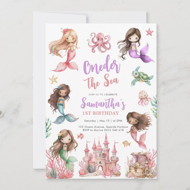 Convite Mermaid 1st Birthday Party ONEder The Sea Mermaid  (Frente)