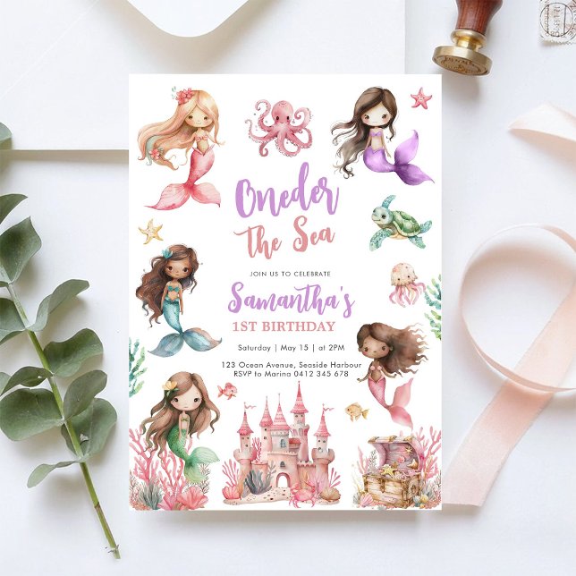 Convite Mermaid 1st Birthday Party ONEder The Sea Mermaid  (Criador carregado)