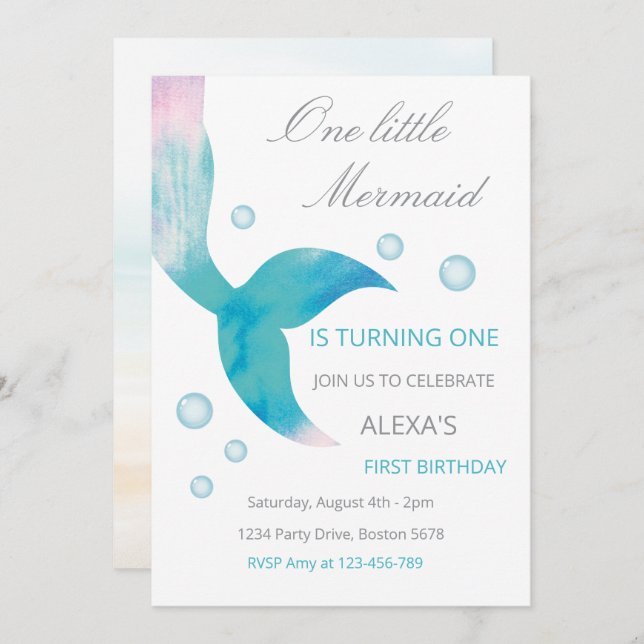 Convite Mermaid 1st Birthday Under The Sea Mermaid Party  (Frente/Verso)