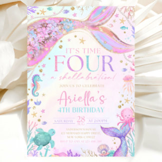 Convite Mermaid 4Th Birthday Invitation