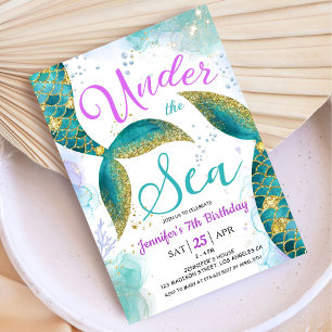 Convite Mermaid 7 Aniversário Roxo Teal Sob O Mar