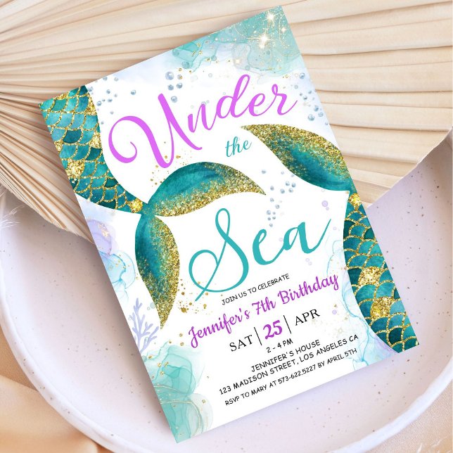 Convite Mermaid 7 Aniversário Roxo Teal Sob O Mar (Criador carregado)