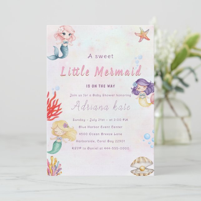 Convite Mermaid Baby Shower Under the Sea Baby Girl Invita (Em pé/Frente)