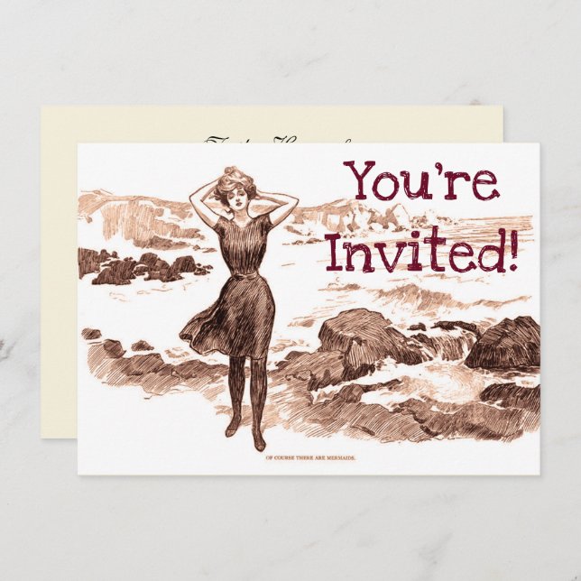 Convite Mermaid Beach Gibson Girl Victorian Antiguidade (Frente/Verso)