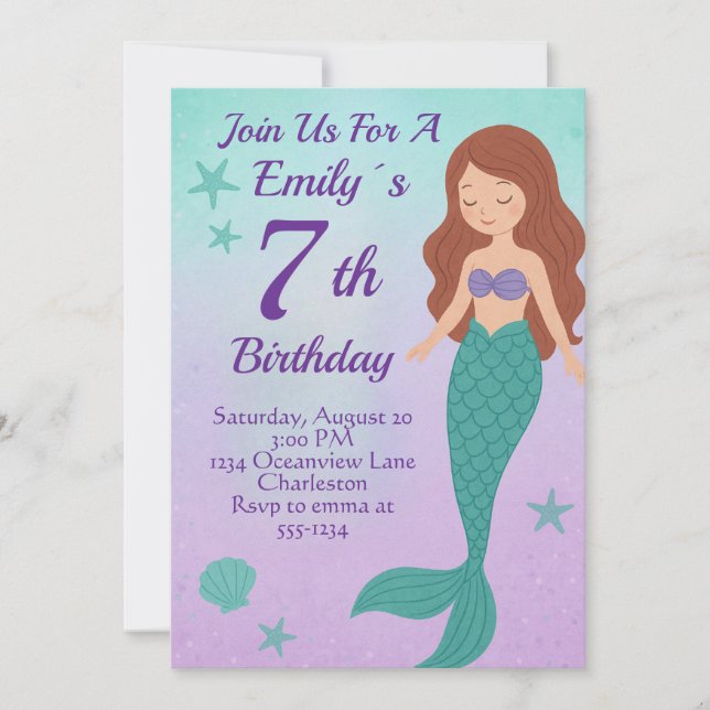 Convite Mermaid Birthday Invitation (Frente)