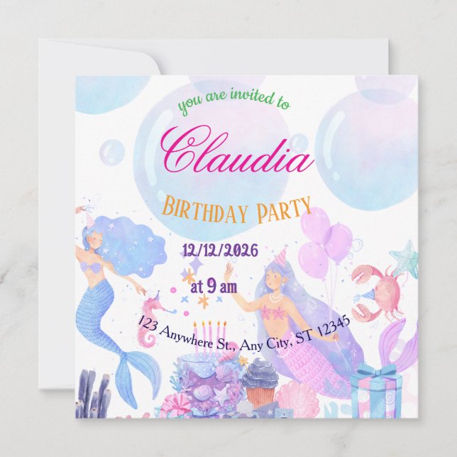 Convite Mermaid Birthday Invitation for Kids (Frente)