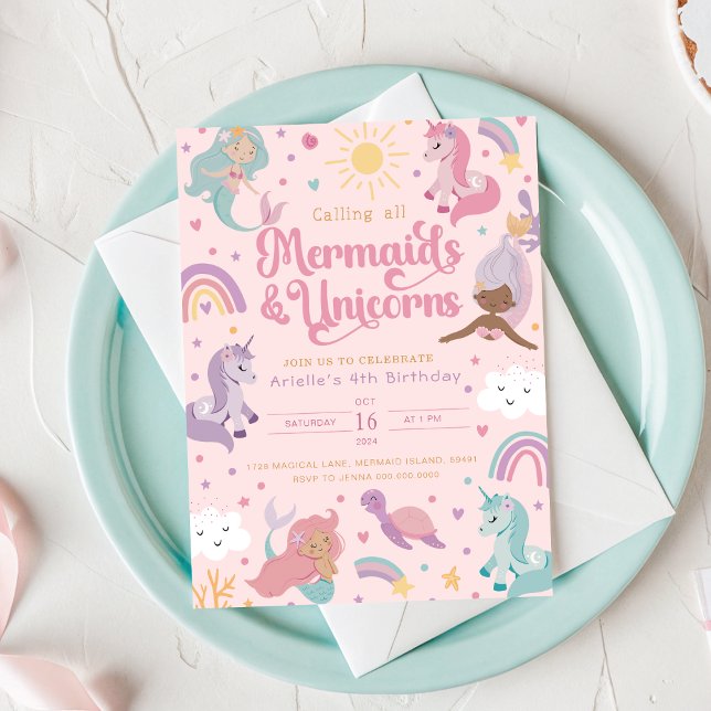Convite Mermaid Birthday Invitation Four - Cute Pink (Mermaid Birthday Invitation Four - Cute Pink
)