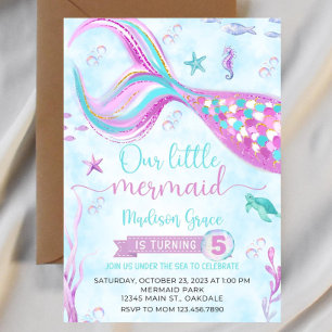 Convite Mermaid Birthday Invitation Modelo, Editável