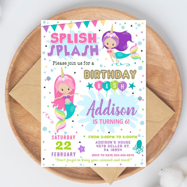 Convite Mermaid Birthday Invitation Splish Splash Invite (Criador carregado)