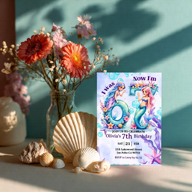 Convite Mermaid Birthday Numbers 67 Kids (Criador carregado)