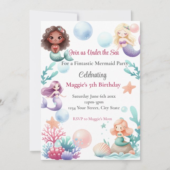 Convite Mermaid Birthday Party Invitation for Girls (Frente)