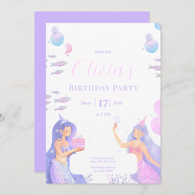 Convite Mermaid Birthday Party, Under the Sea Mermaid (Frente/Verso)