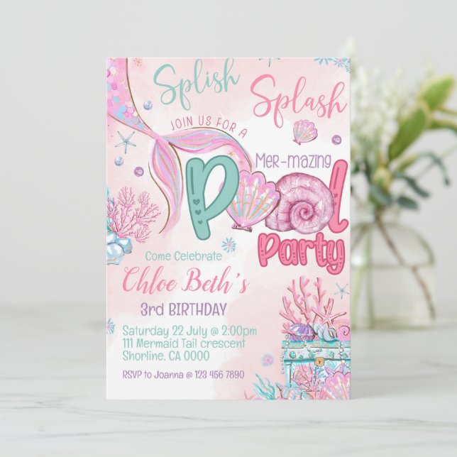 Convite Mermaid Birthday Pool Party Invitation (Em pé/Frente)