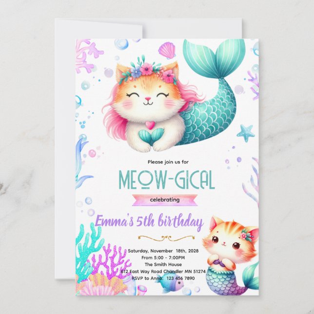 Convite Mermaid cat party theme invitation (Frente)