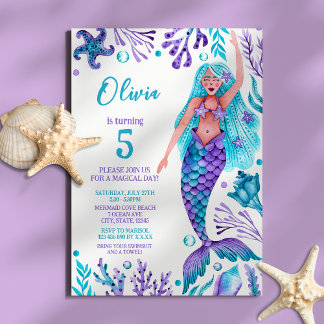 Convite Mermaid Girl Watercolor Beach Festa de aniversário