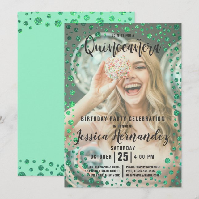 Convite Mermaid Green Glitter Confetti Foto Quinceañera (Frente/Verso)