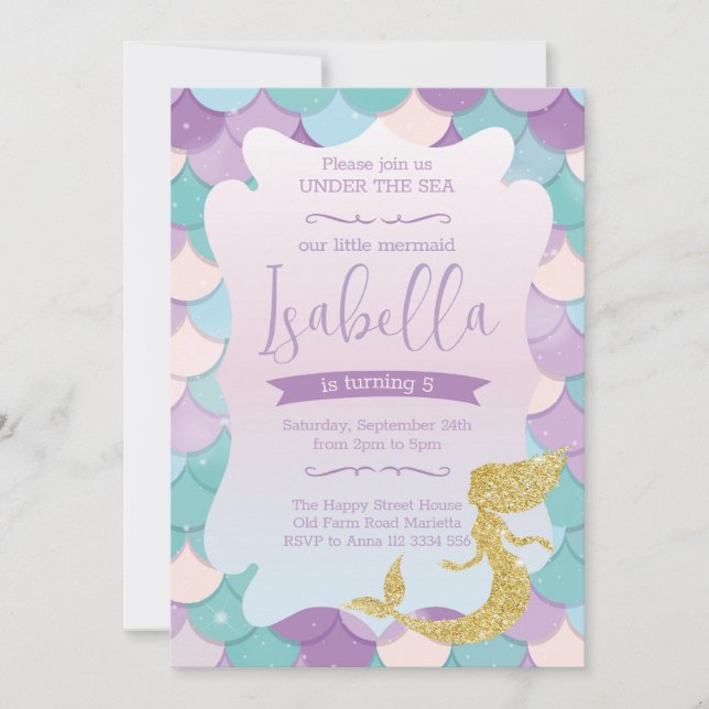 Convite Mermaid Invitation for Birthday Party Gold Glitter (Frente)
